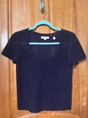 Vince Open Stitch Crochet Short Sleeve Sweater Top Navy S/P EUC